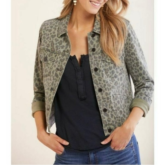 Level 99 Jackets & Coats Level 99 Evereve Ranger Green Leopard Print Cropped Denim Jacket